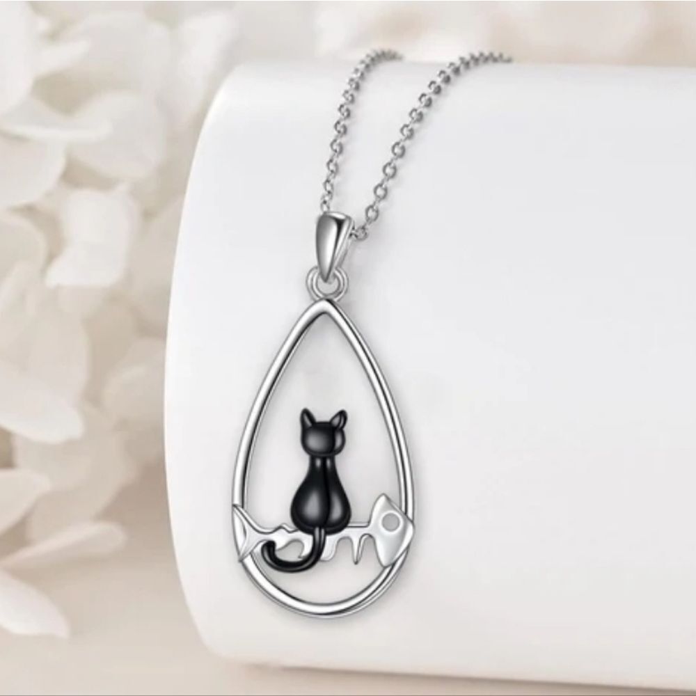 Black Cat Fishbone Teardrop Pendant Silver Chain Necklace Cat Lady Mom Pet Love